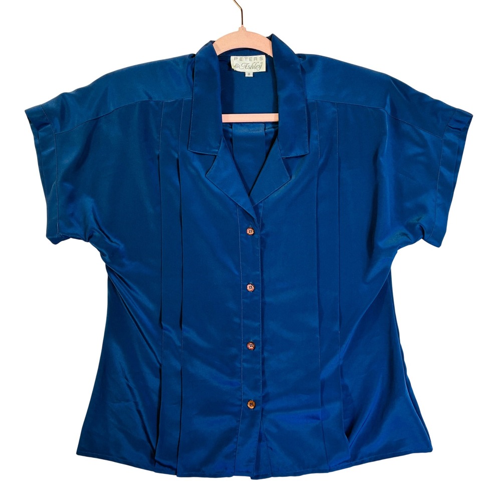Vintage Peters & Ashley Blue Satin Button Up Blouse Short Sleeve Pleated 8
